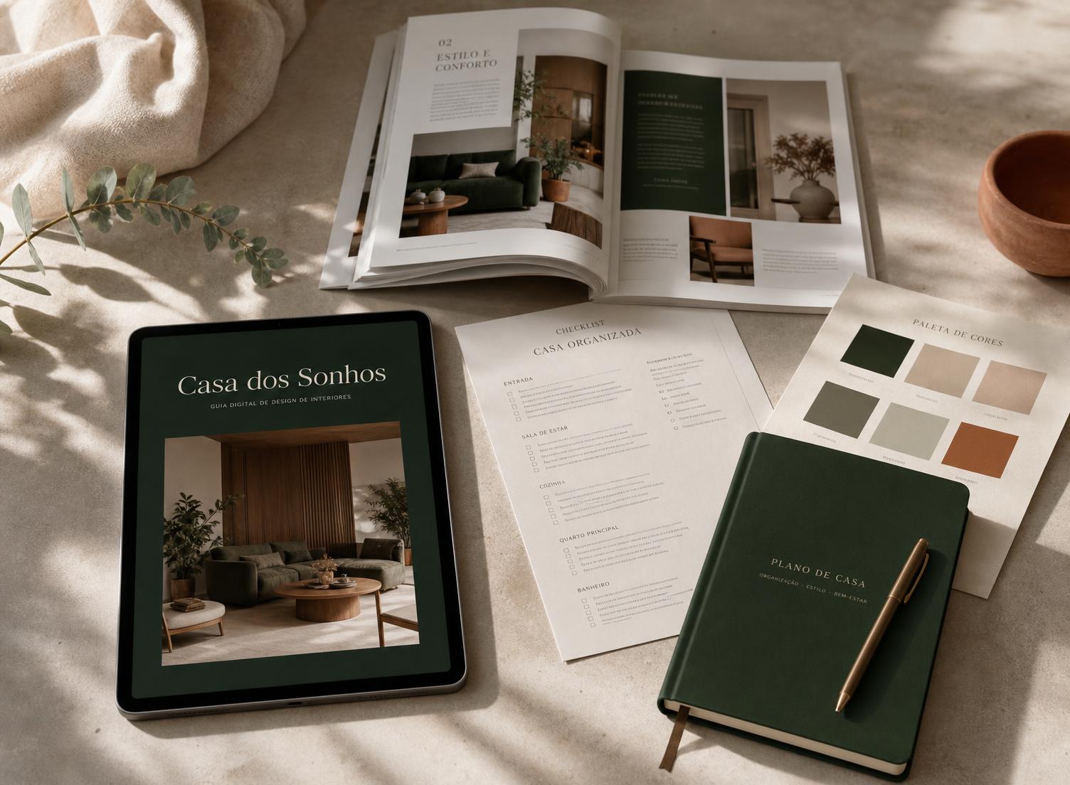 Páginas, checklist e tablet do guia Casa dos Sonhos